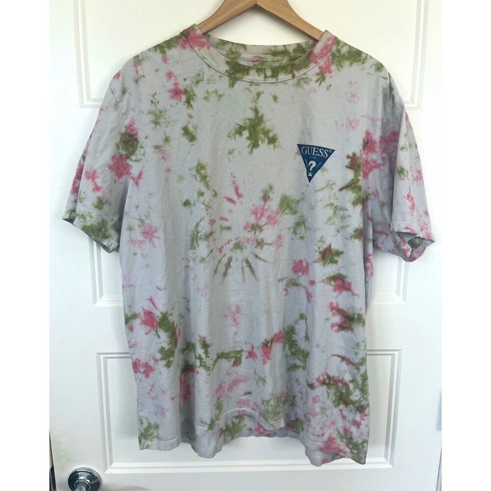 GUESS Originals Mens XL Tie Dye T-Shirt Green Pink Big Triangle Logo Back Print